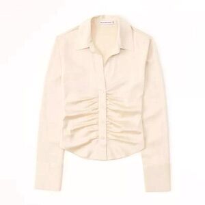 NWT Abercrombie Long-Sleeve Satin Ruched Button-Up Shirt Cream Large